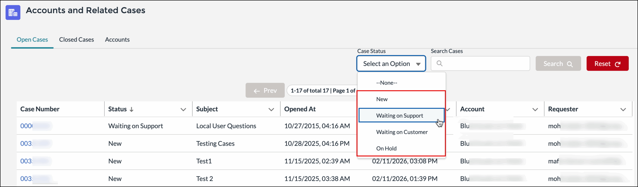 Dropdown menu in the Customer Portal showing case statuses such as New and Waiting on Support.