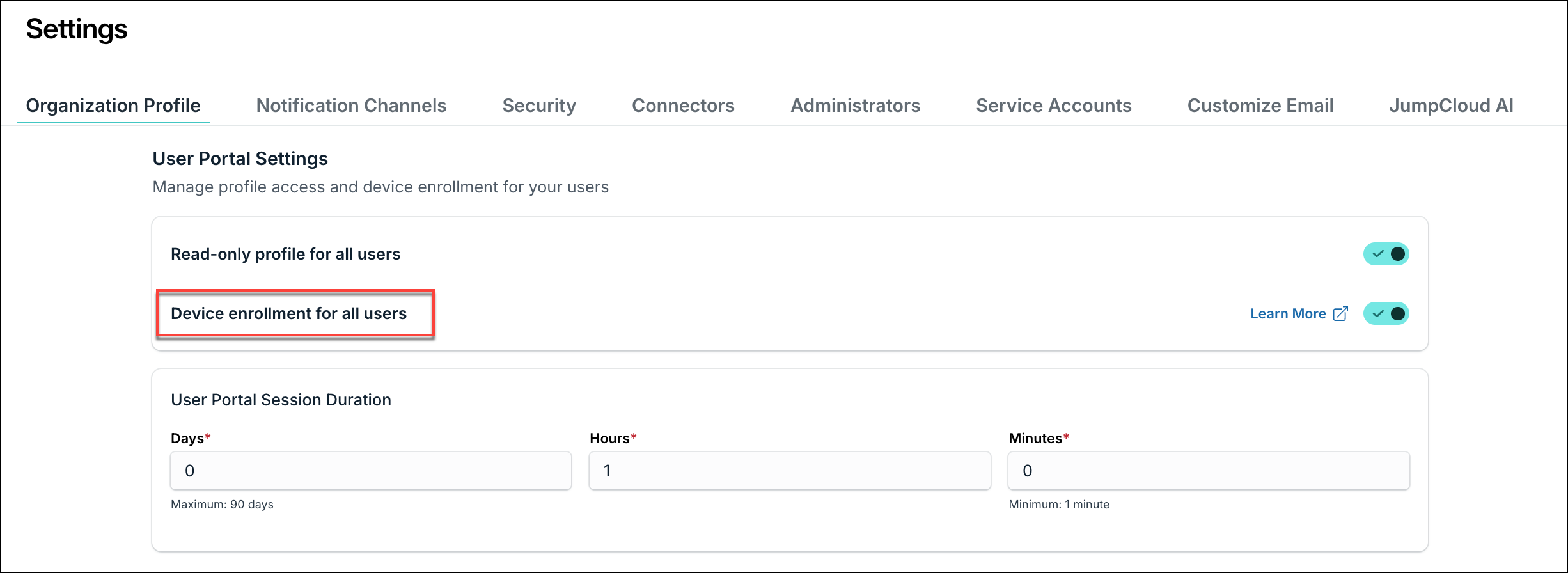 JumpCloud Admin Portal Settings Page showing the Device enrollment for all users toggle