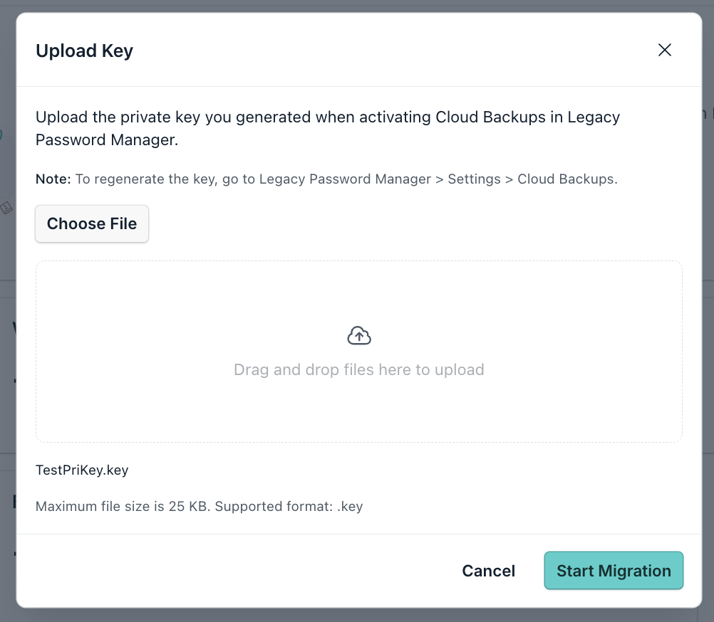 A screenshot showing the Upload Key dialog with Start Migration.