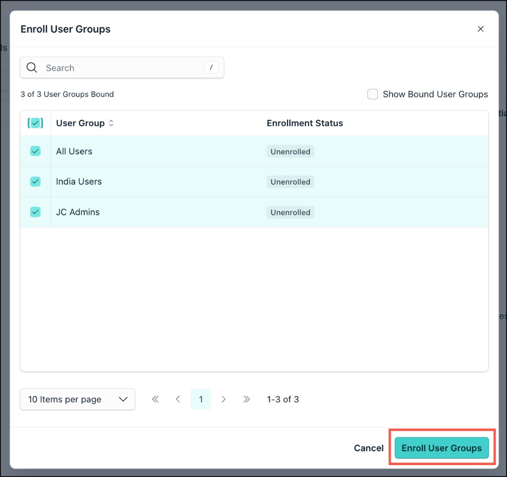 A screenshot showing the Enroll User Groups dialog for selecting groups to migrate.