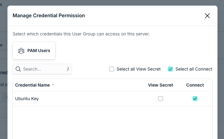 Server Credential Access card with Manage Permissions