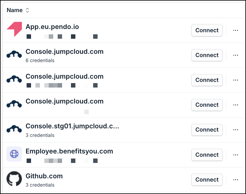 A screenshot showing automatically linked websites and credentials in Password Vault.