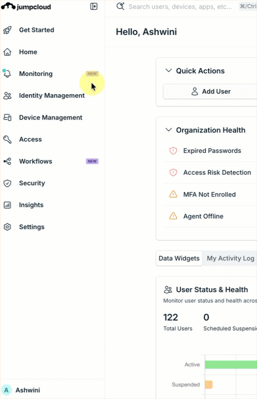 Admin Portal left navigation with hover menus expanding to show submenus