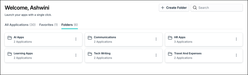 Folders tab in the JumpCloud User Portal showing personal folder cards and Create Folder