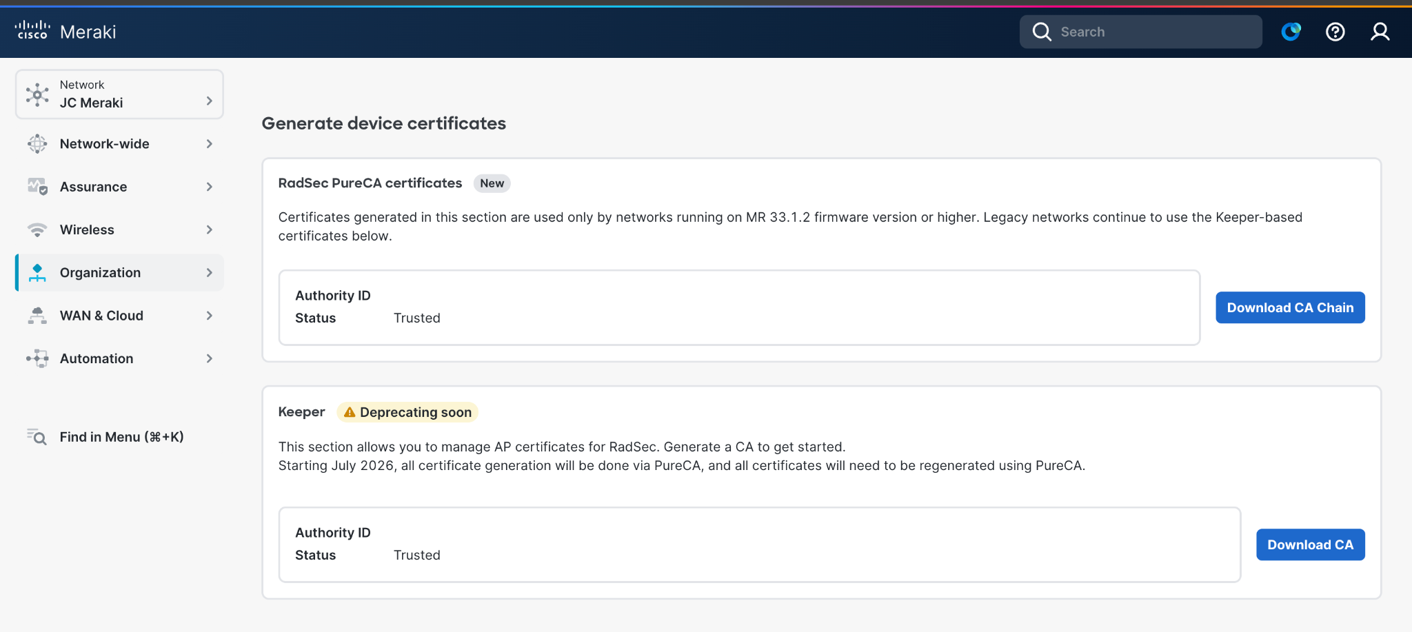 Cisco Meraki Generate device certificates page showing Download CA Chain for RadSec PureCA certificates.