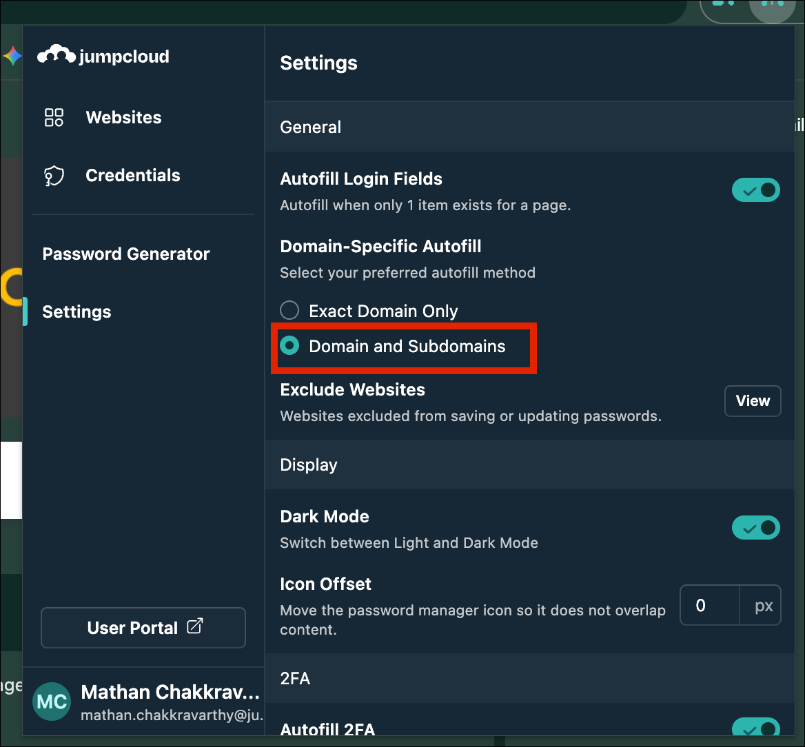 A screenshot showing JumpCloud Go browser extension setting.