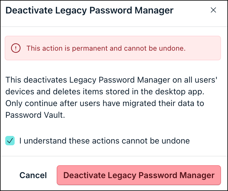 A screenshot showing 'Deactivate Legacy Password Manager' popup in JumpCloud Admin portal.
