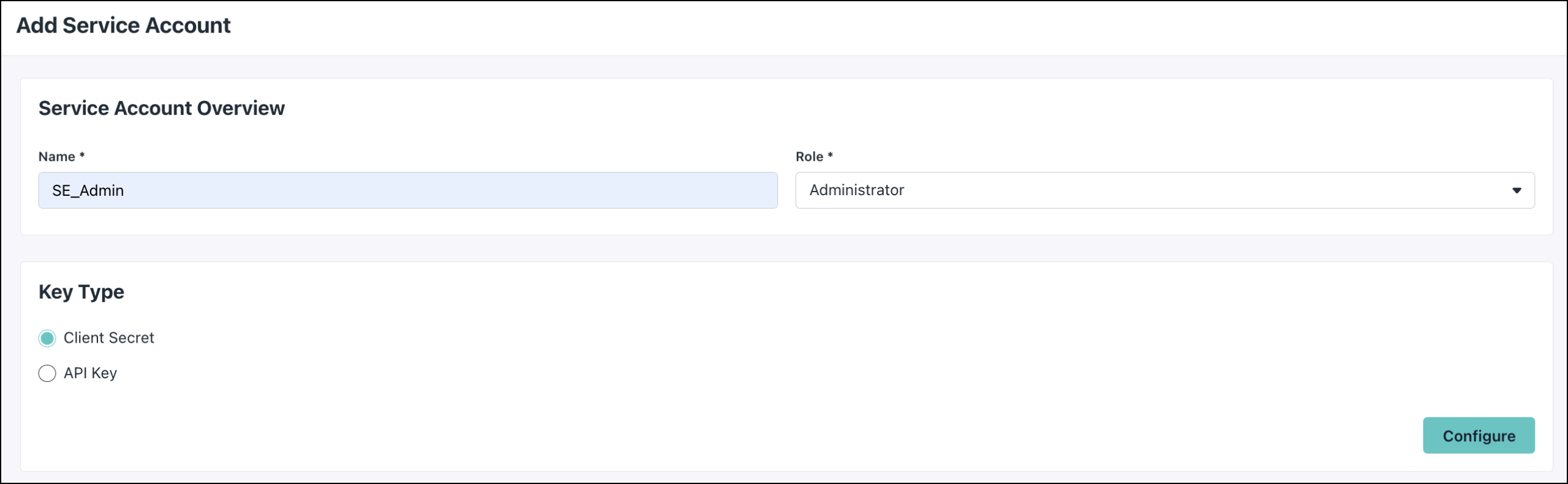 A screenshot showing Service account settings and client secret selection.