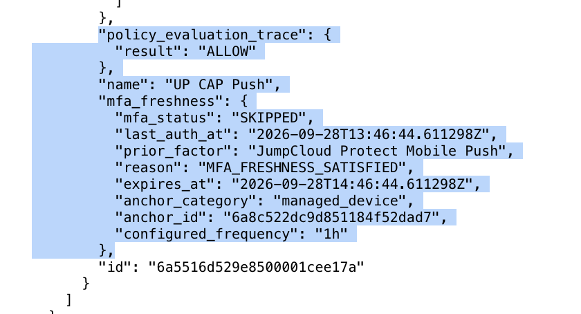 Directory Insights event JSON showing mfa_freshness with mfa_status SKIPPED and reason MFA_FRESHNESS_SATISFIED.