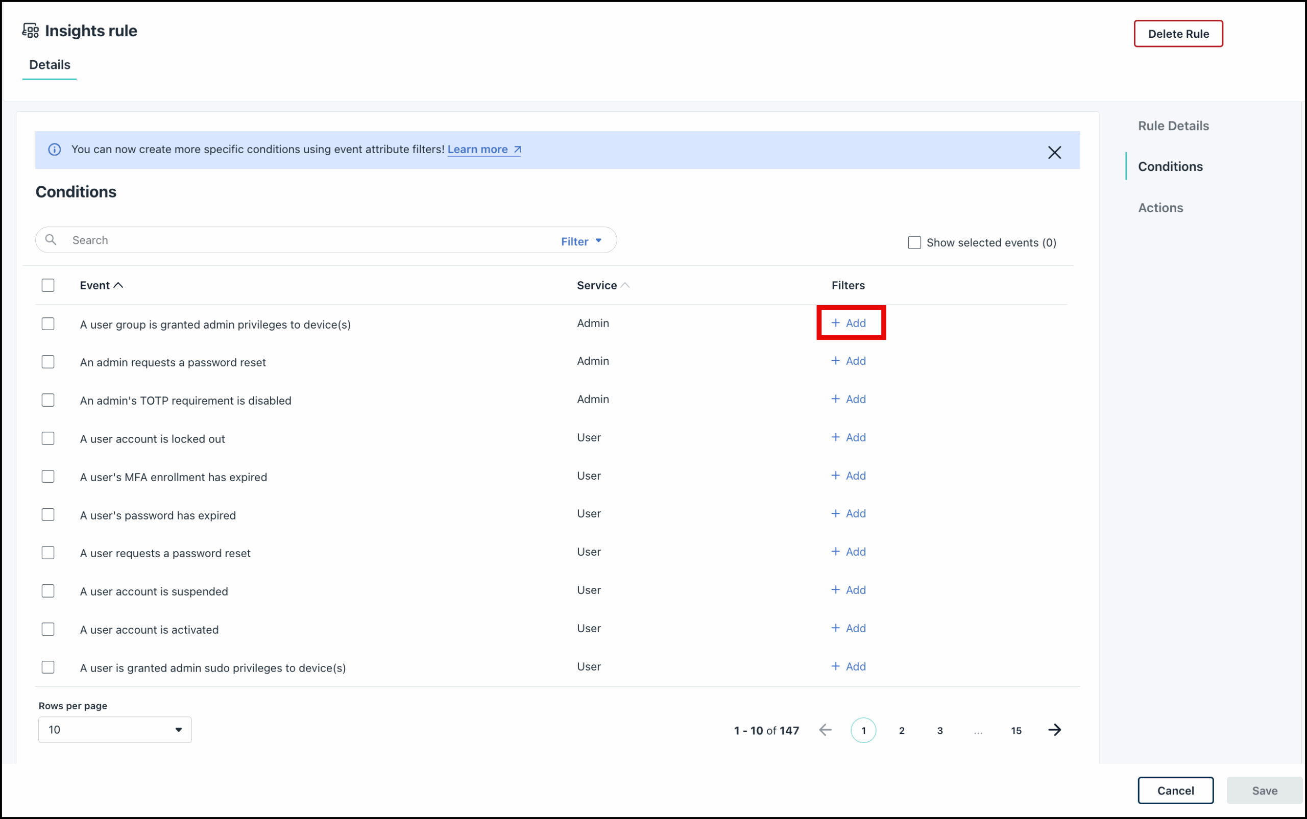 The image displays the insight rule creation page with the Add Filters icon highlighted.