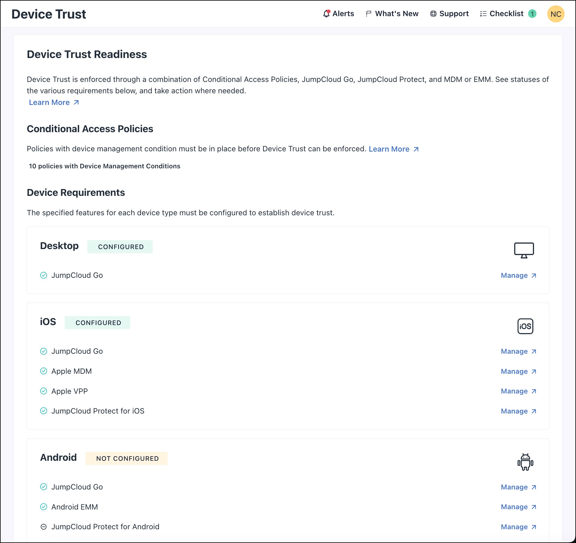 The Device Trust Readiness page in Security Management section of the Admin Portal.