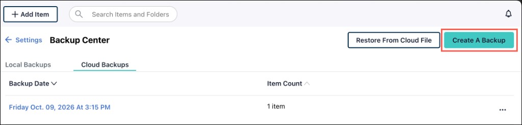 A screenshot highlighting Create a Backup in Backup Center.