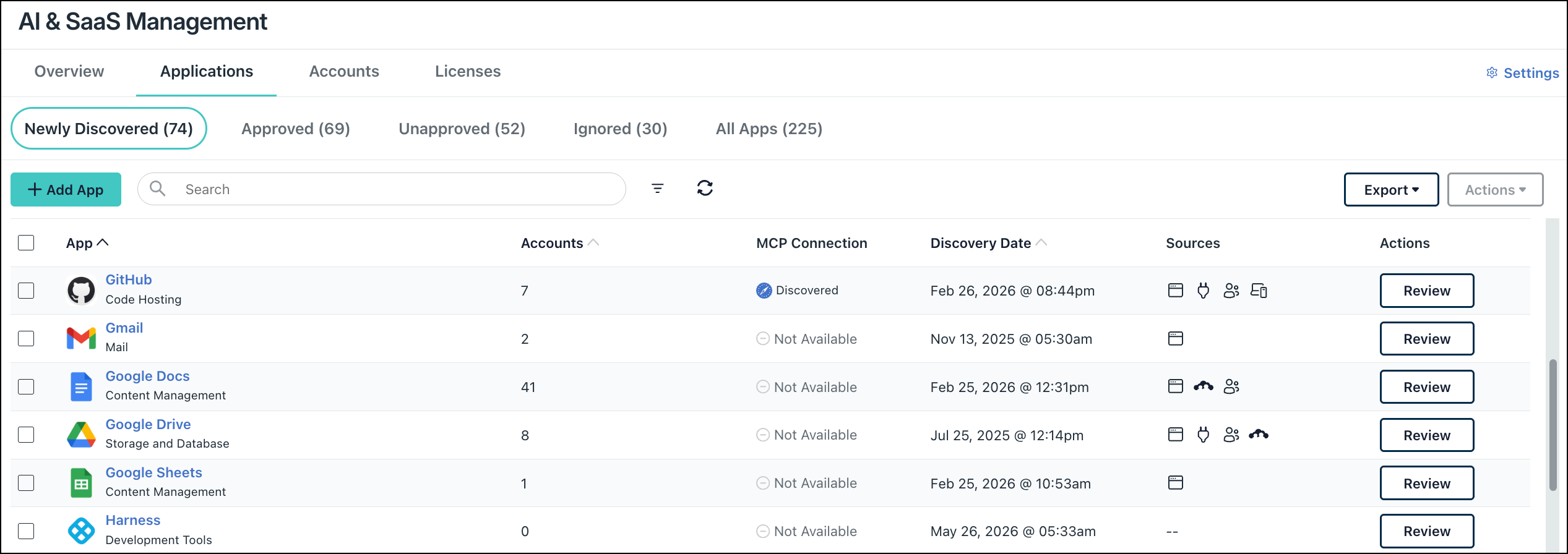 JumpCloud AI & SaaS Management Applications tab showing the MCP Connection column with Discovered and Not Available statuses.