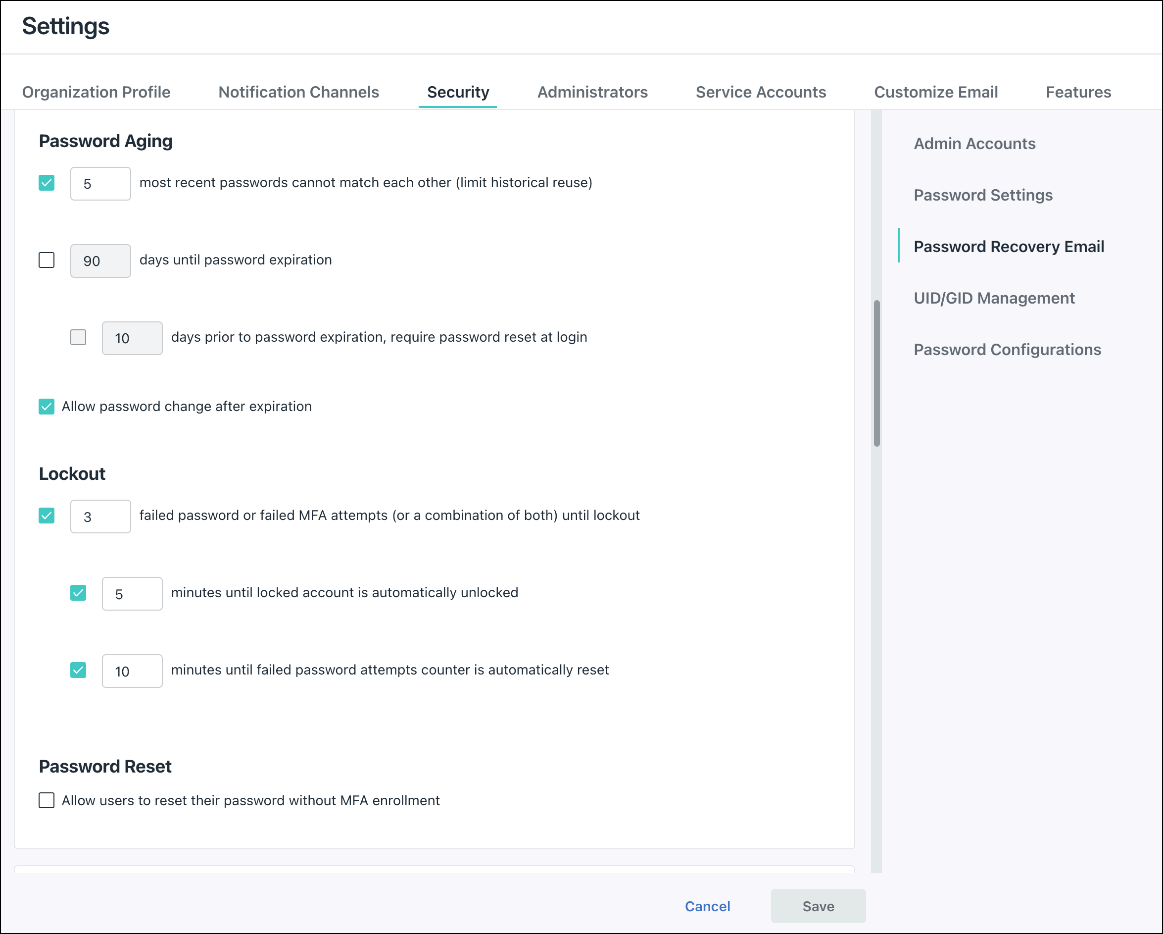 Password Aging option in Security page