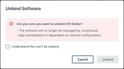 Unbind Software confirmation modal.