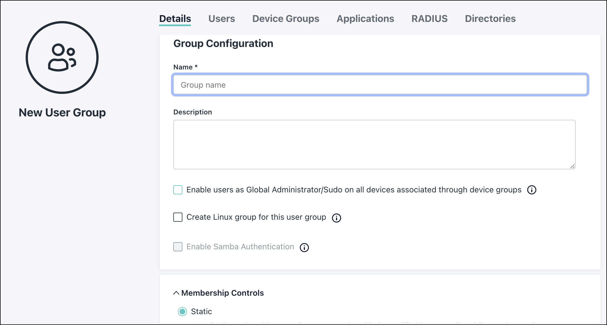 A screenshot showing the details page for creating a new user group