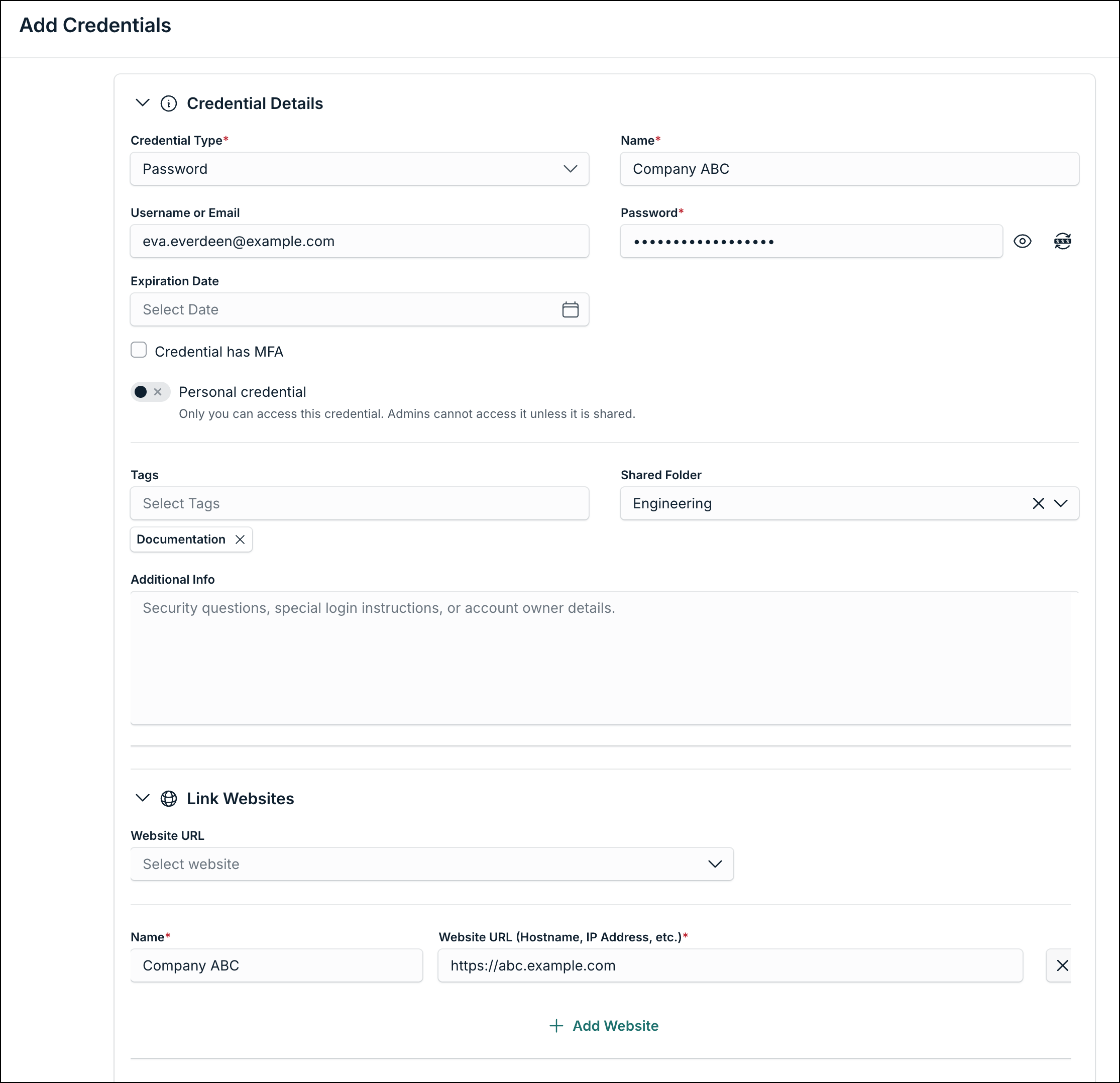 A screenshot showing 'Credential Details' page in Password Vault.