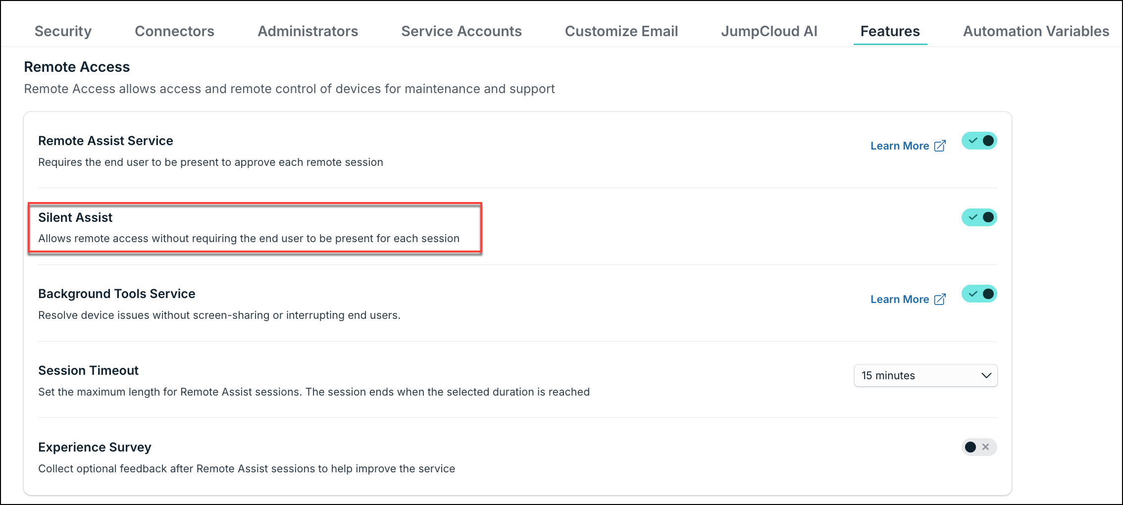 JumpCloud Settings Features tab showing Silent Assist toggle
