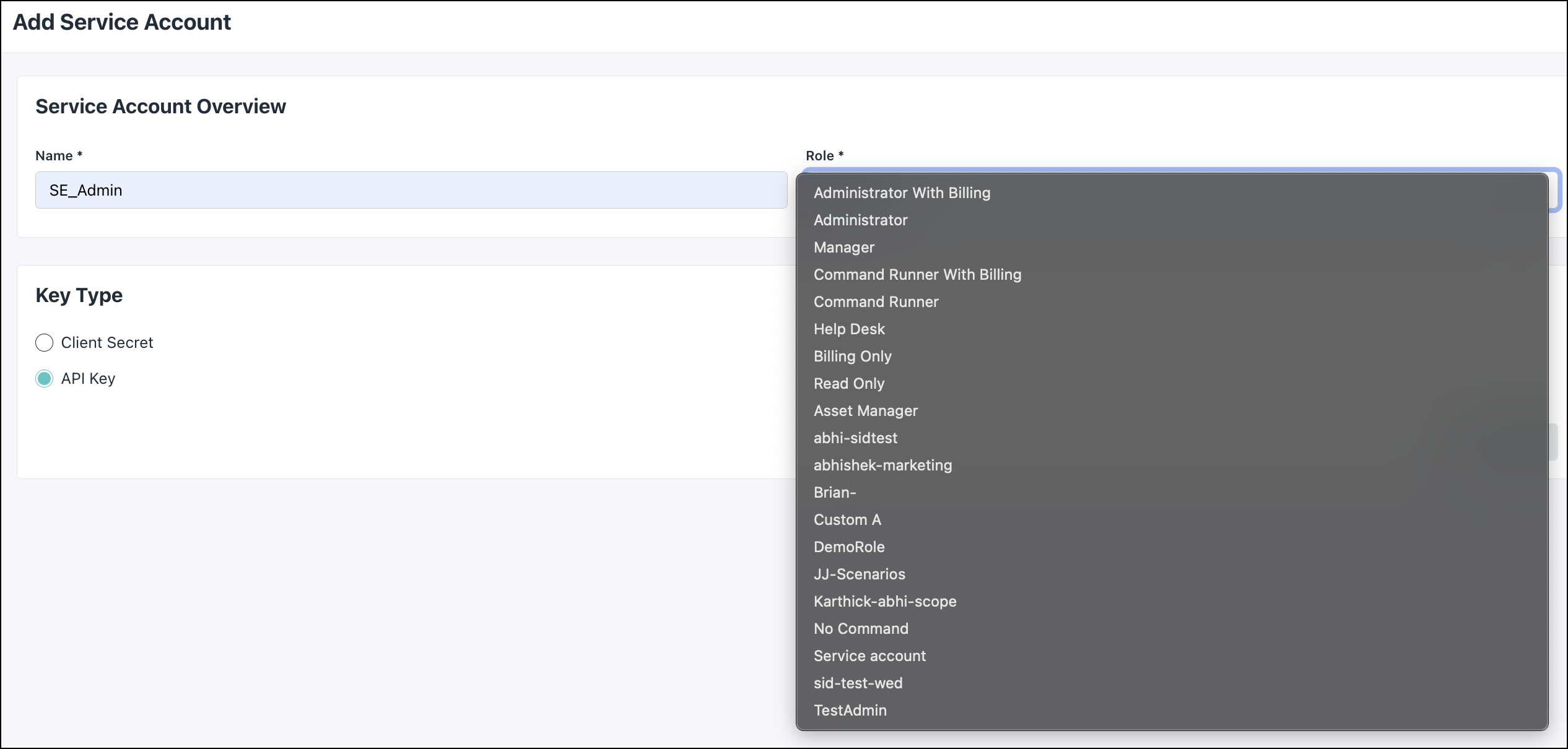 A screenshot showing role selection during service account creation.