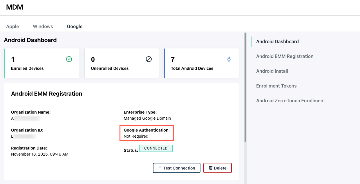 JumpCloud MDM Google tab Android EMM Registration details screen.
