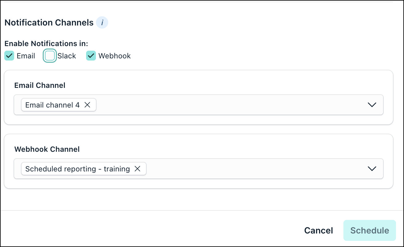 A screenshot showing Notification Channels selection in Reports.