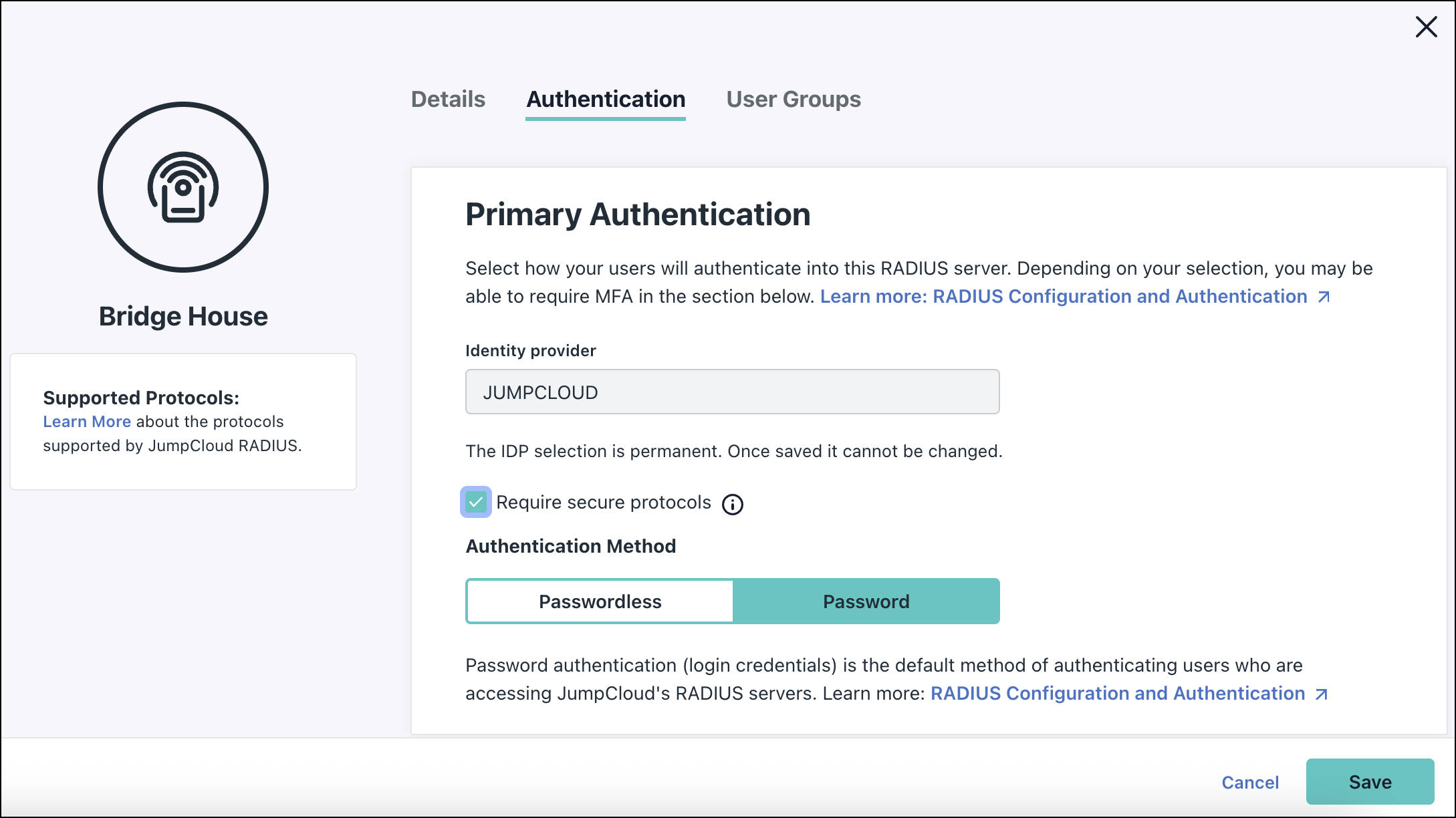 A screenshot showing Authentication tab in RADIUS