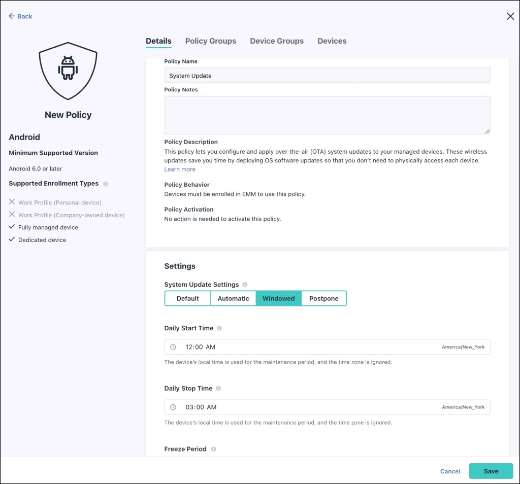 Configure Android System Updates Policy in the JumpCloud Admin Portal.