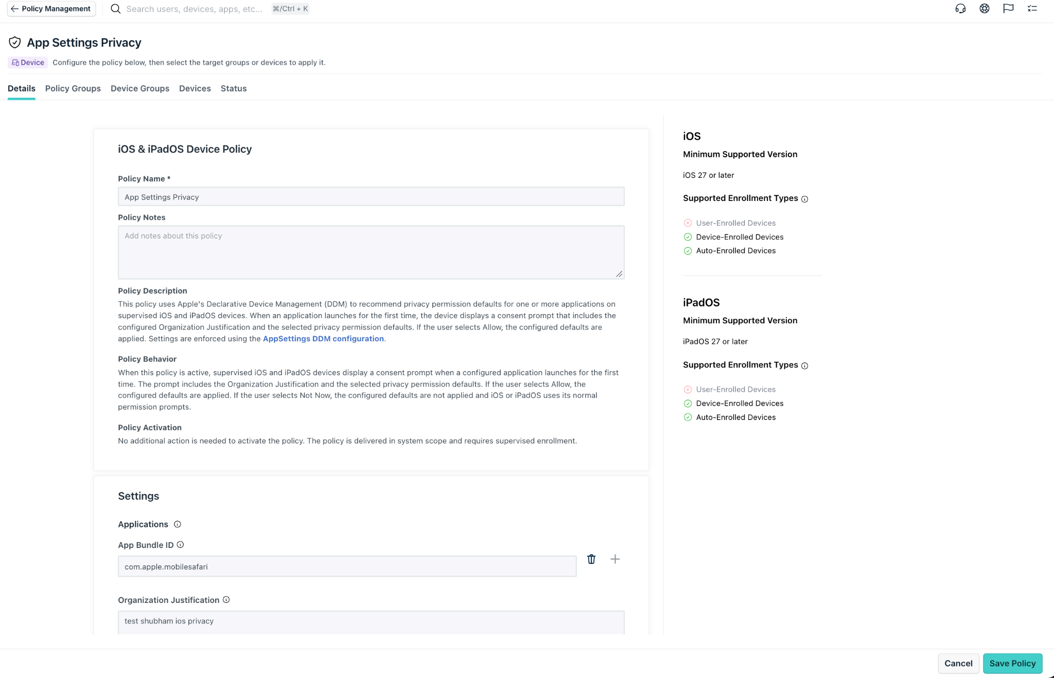 App Settings Privacy policy selected for iOS