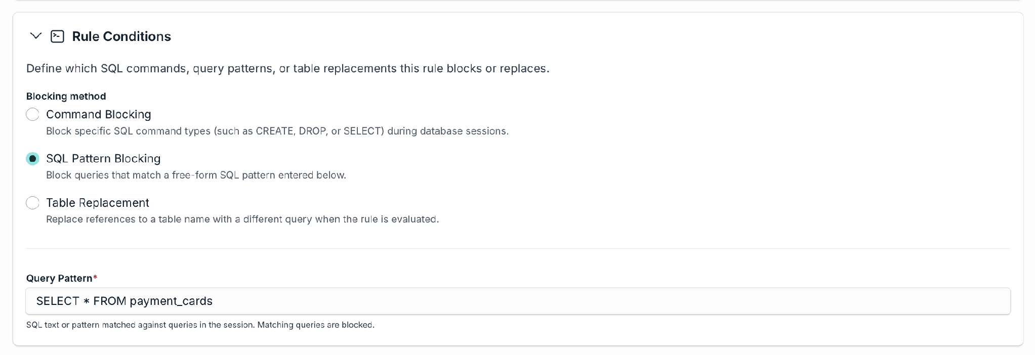 SQL Pattern Blocking rule with a query pattern