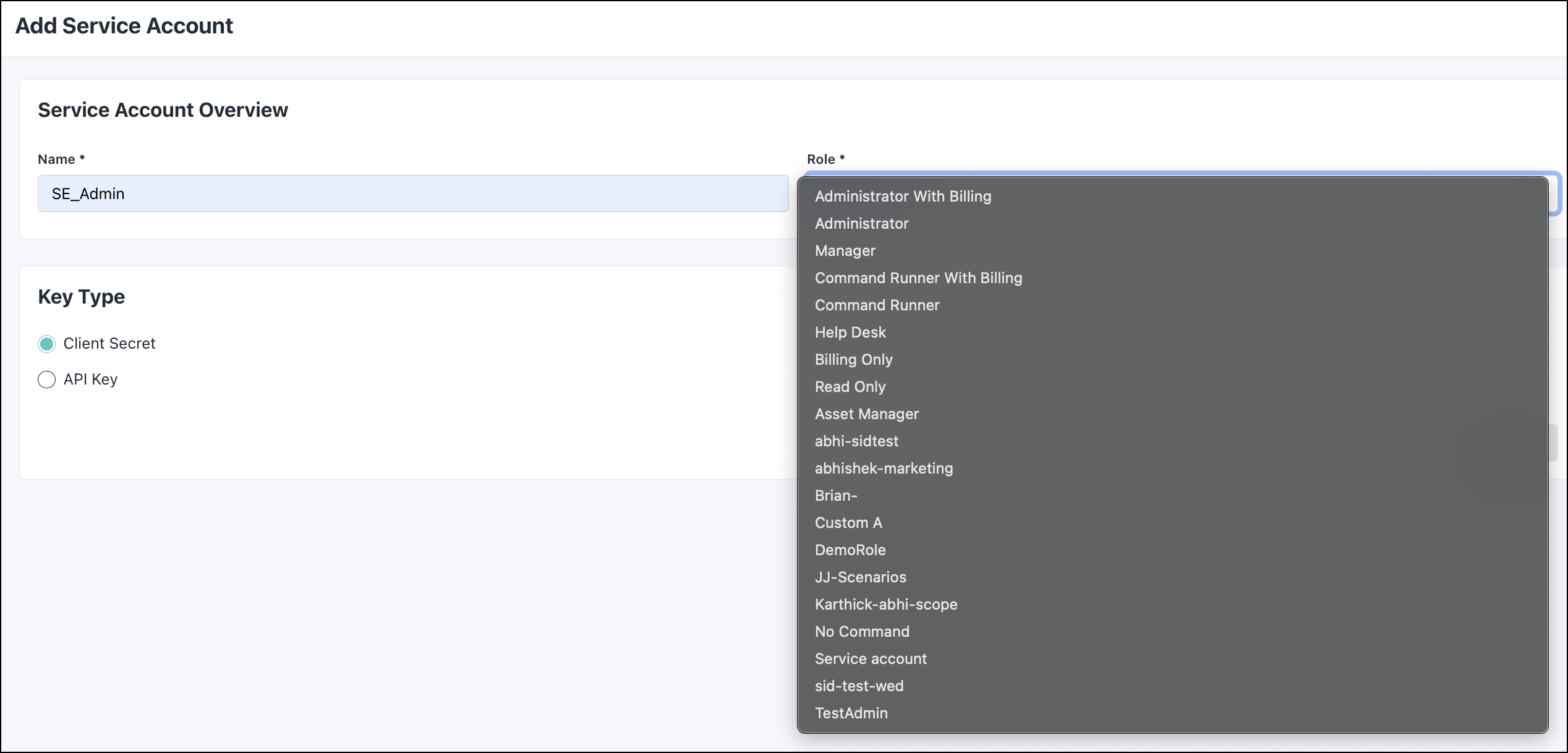 A screenshot showing Service account settings.