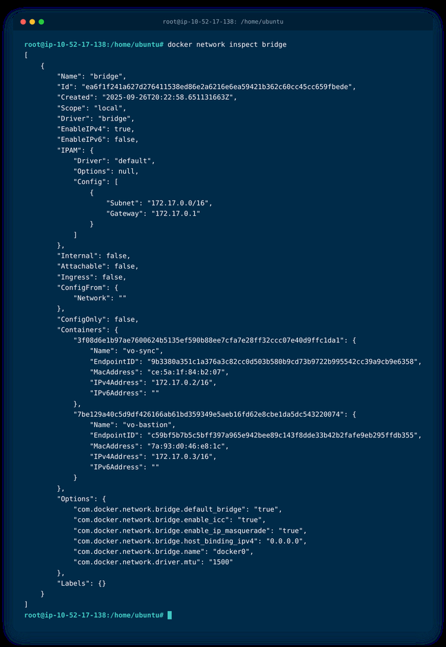 docker network inspect bridge showing Subnet under IPAM Config