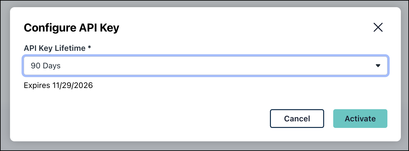 A screenshot showing API key lifetime configuration pop-up
