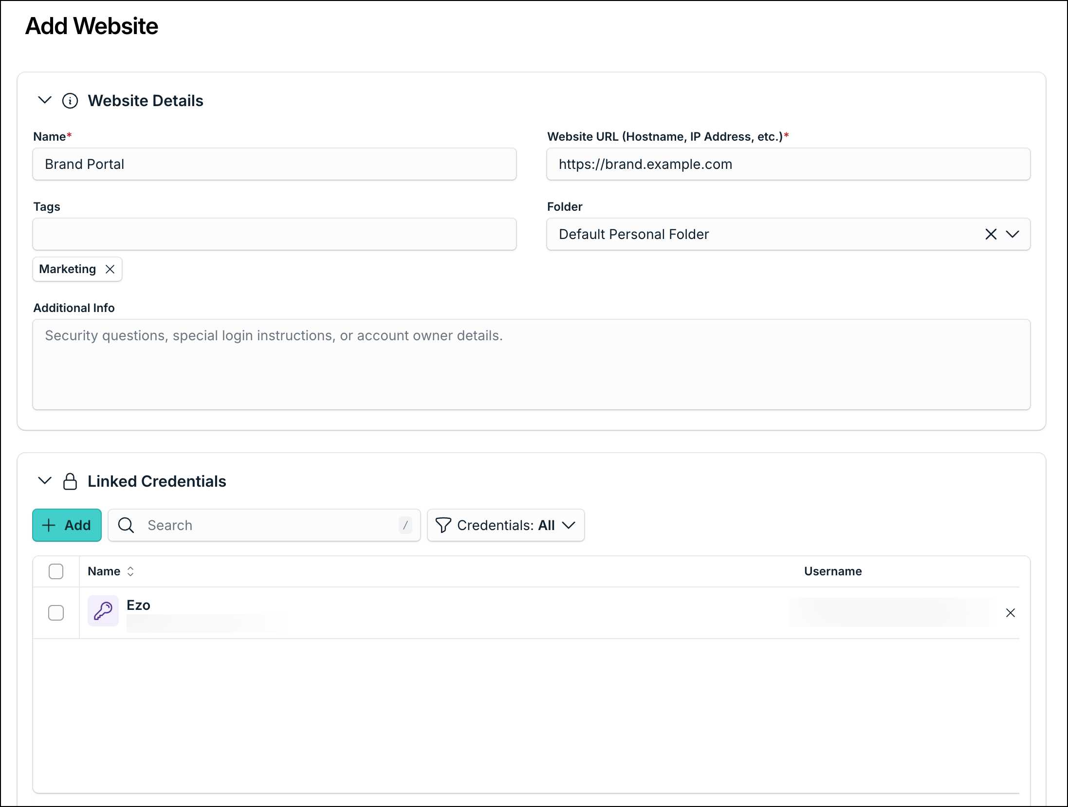 A screenshot showing the 'Add Website' page in Password Vault.