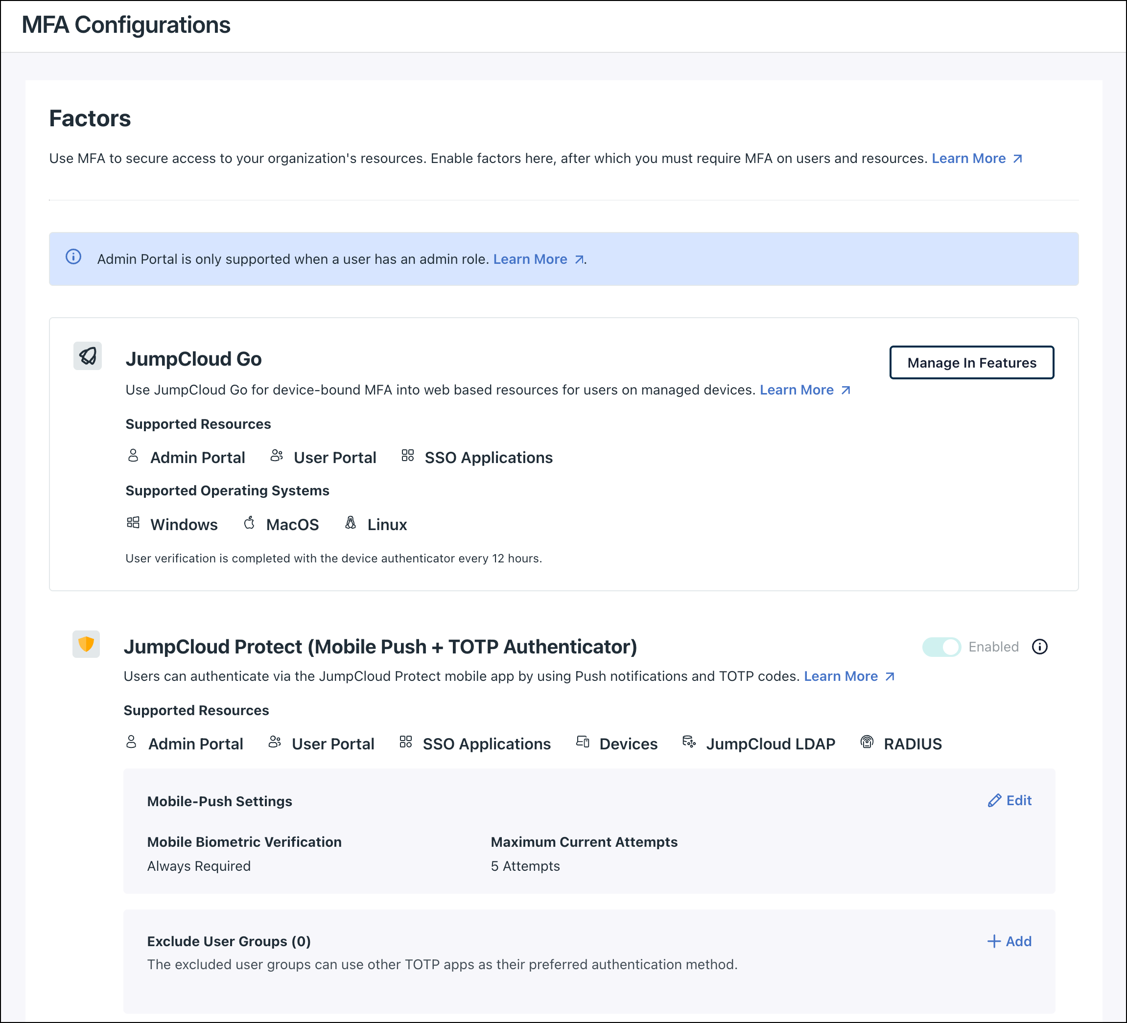The MFA Configuration page shows that JumpCloud Protect Mobile Push is enabled by default.