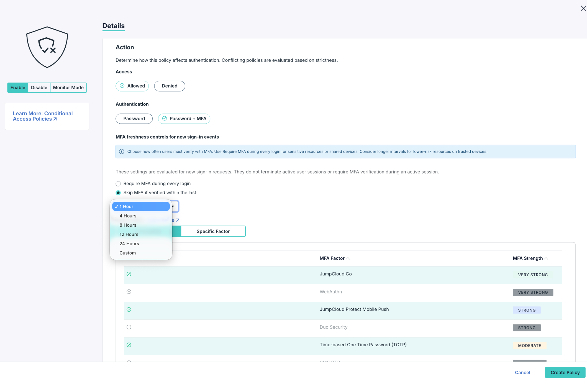 Conditional Access Policy Details panel showing MFA freshness controls with Skip MFA if verified within the last and the interval dropdown open.