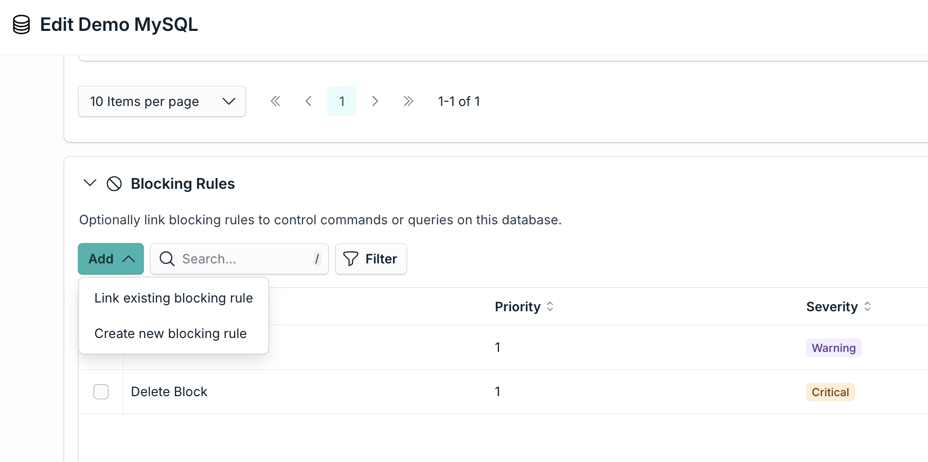 Blocking Rules card on the database page
