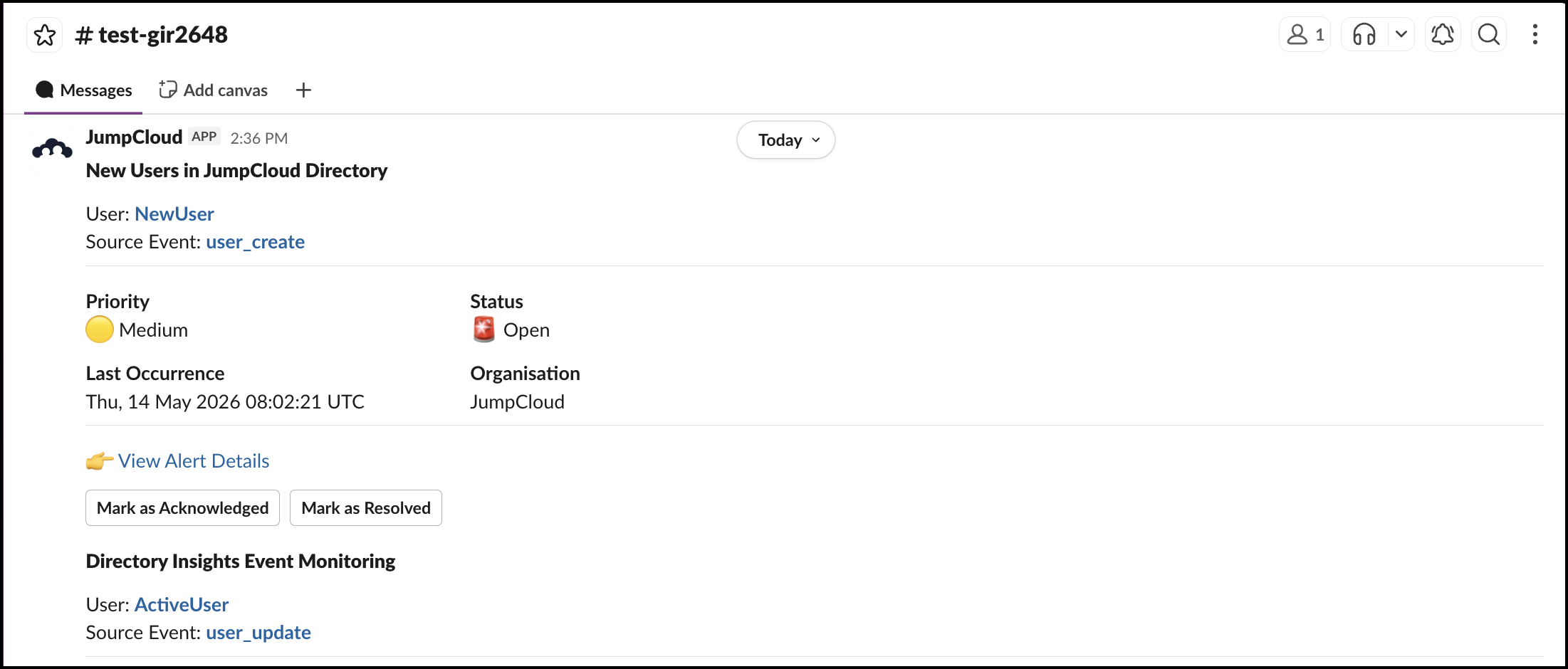 The image displays the Slack notification message