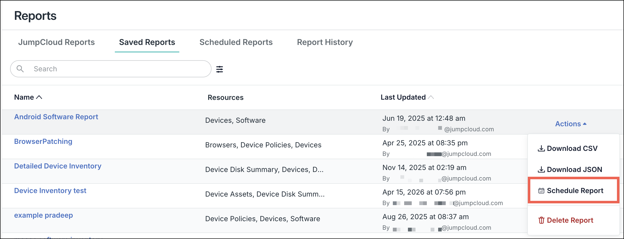 A screenshot showing Saved Reports tab in JumpCloud Admin Portal.