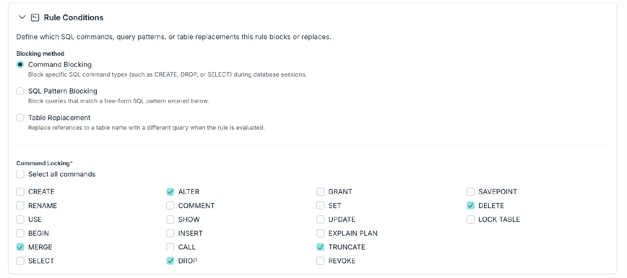 Command Blocking rule with selected commands