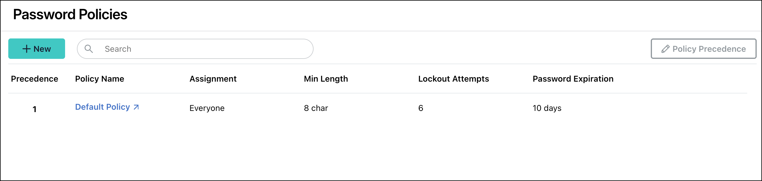 Image of Password Policies UI with New button highlighted.