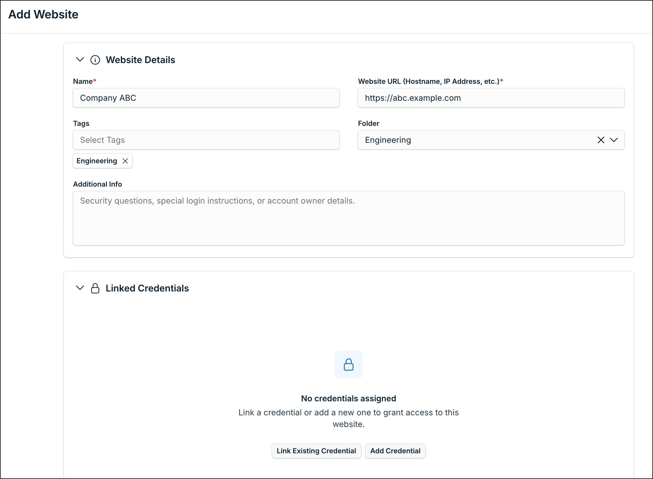 A screenshot showing the 'Add Website' page in Password Vault.