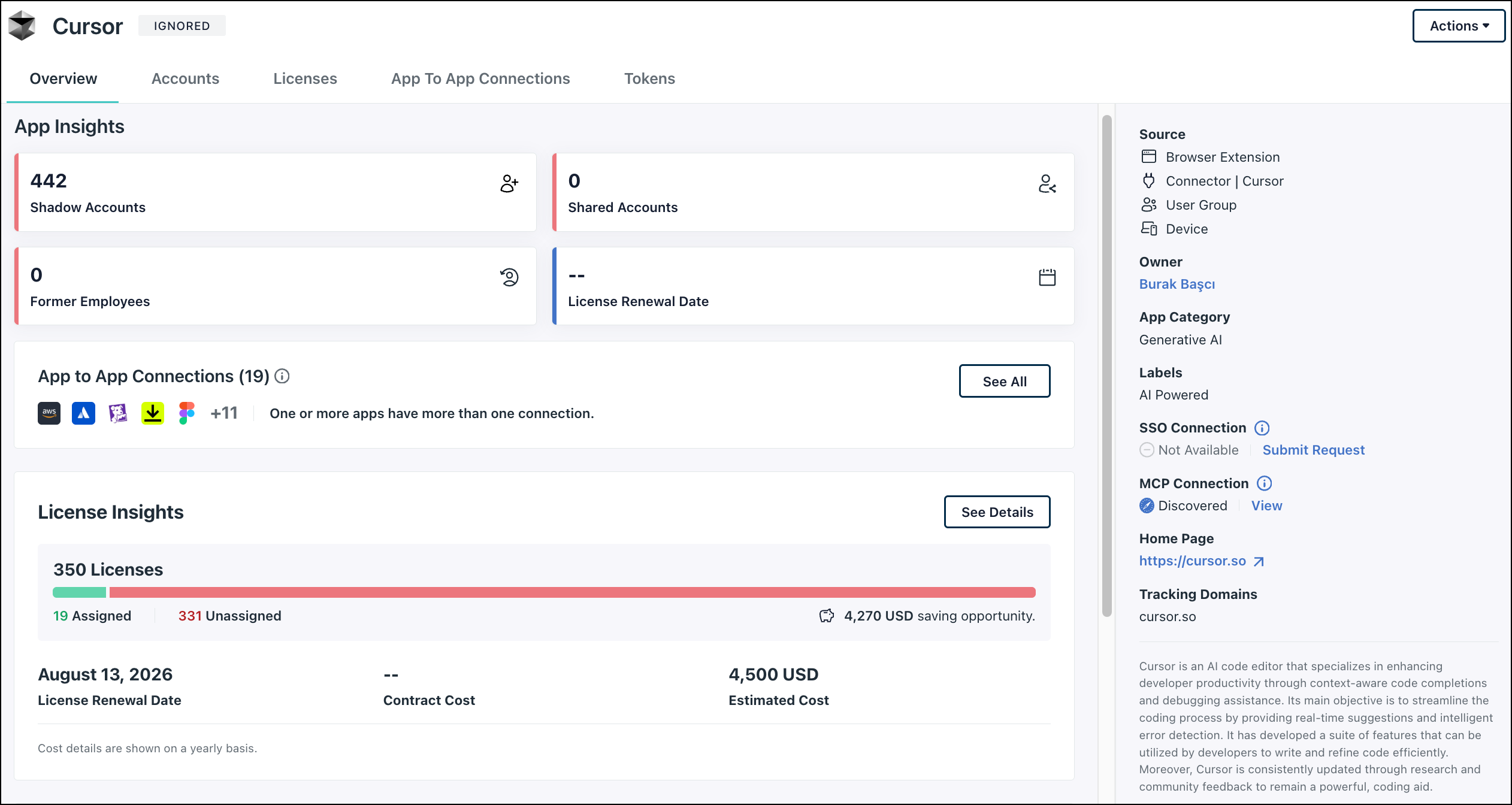 Cursor application Overview page in JumpCloud AI & SaaS Management showing MCP Connection set to Discovered with a View link.