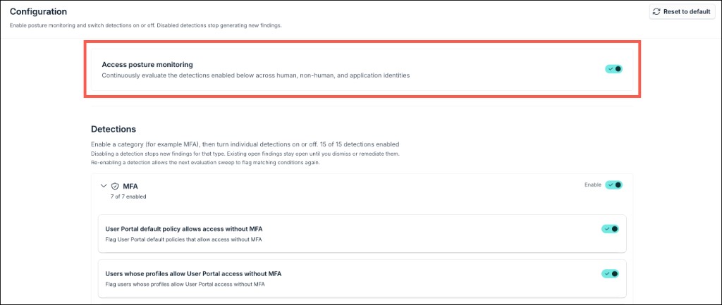The image displays the Access Posture Configuration page with Access posture monitoring enabled