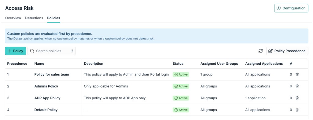 The image displays the Access Risk Policies page