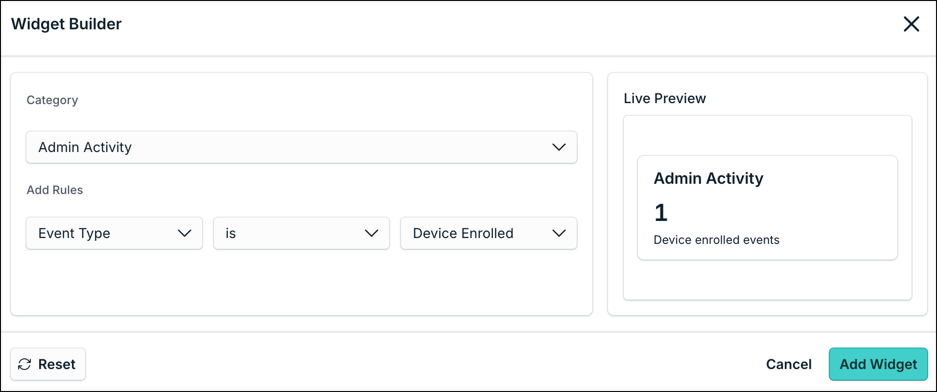 Widget Builder dialog with category, filter fields, and Live Preview.