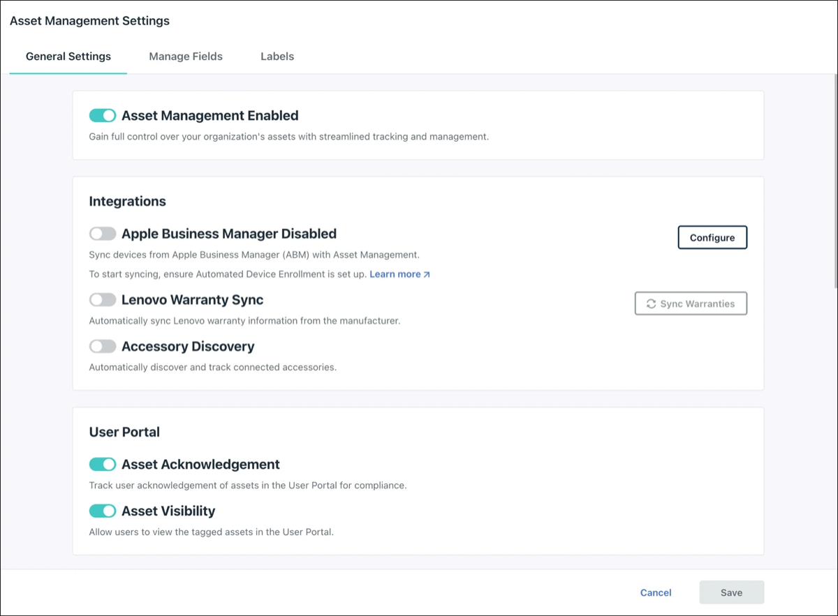 Screenshot of the Asset Management General Settings page showing the User Portal section with Asset Visibility and Asset Acknowledgement toggles enabled.