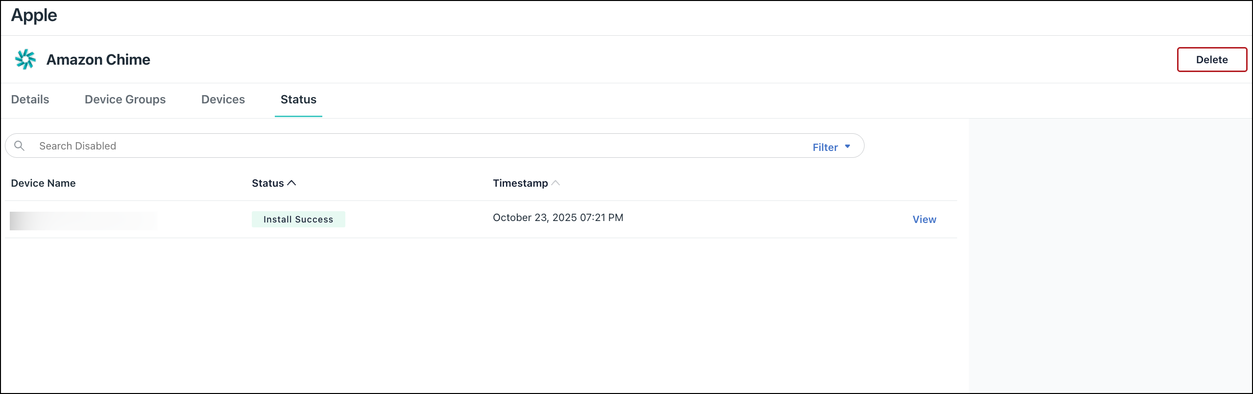 JumpCloud Application Status screen for Amazon Chime showing successful installation.