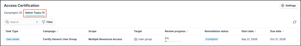 Access Certification Admin Tasks tab