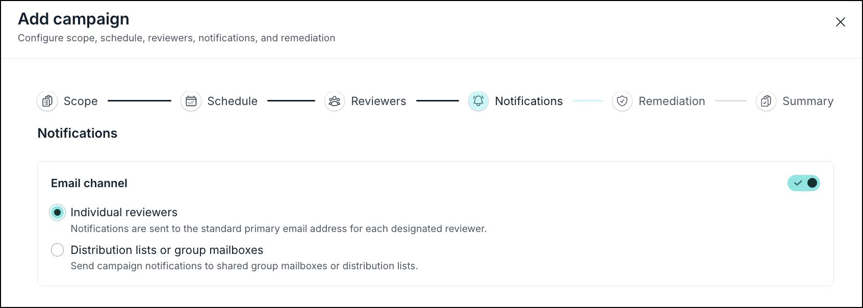 Campaign creation wizard Notifications step