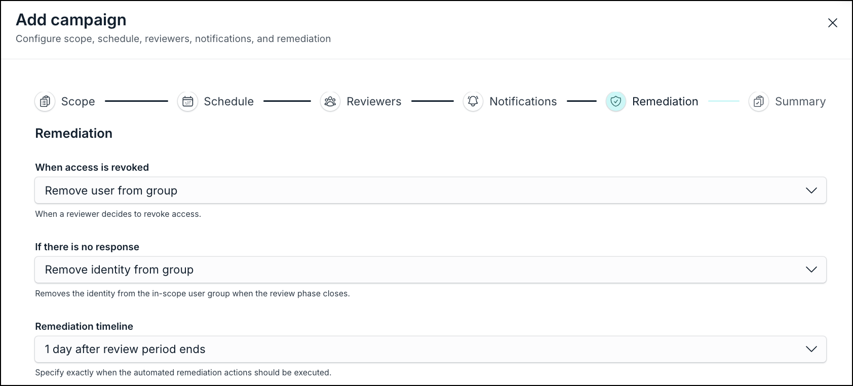 Campaign creation wizard Remediation step